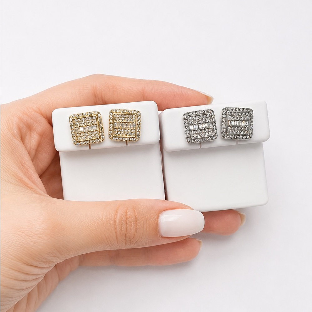 925 Sterling Silver Square Pavé MOISSANITE Stud Earrings - Screw Back